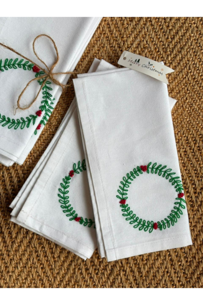 Christmas Napkins (Set of 12) - Wreath Embroidery